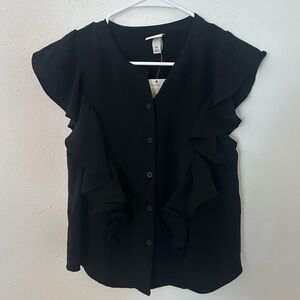NWT XS A New Day Black Short Sleeve Button Up Ruffle Blouse
